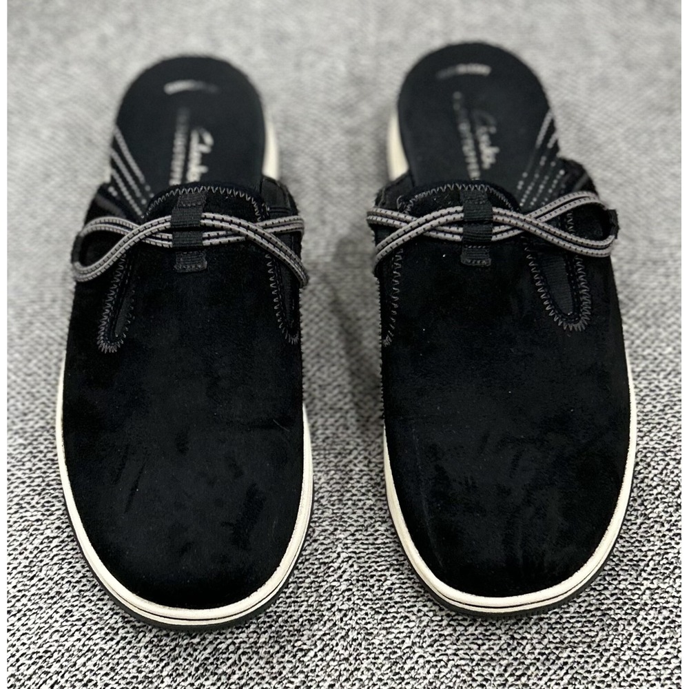 Clarks Black Mules with Decorative Bow and Contrast Trim